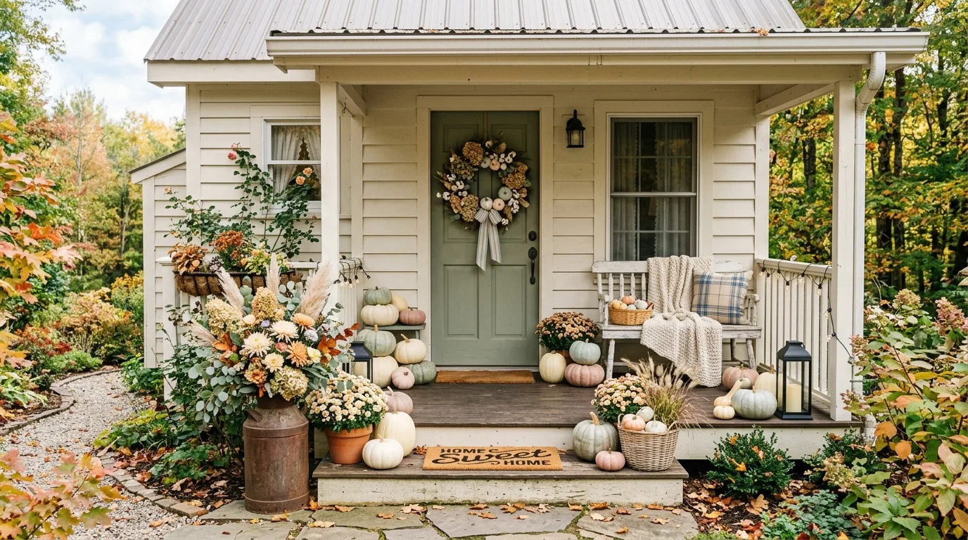 Use symmetry when the porch architecture is strong inspiration for a fall porch.